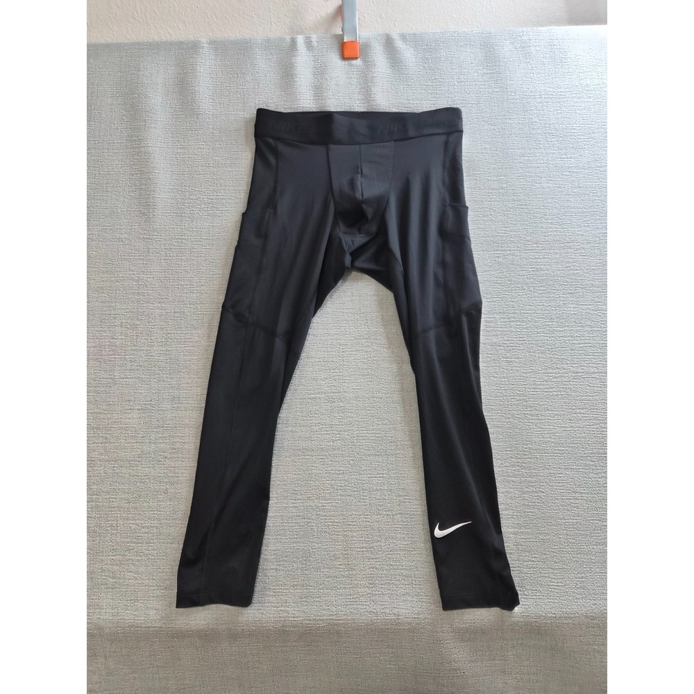 Nike Pro Dri Fit Pants Mens Small Black Tight Fit Swoosh Logo Stretch Training - Picture 1 of 13